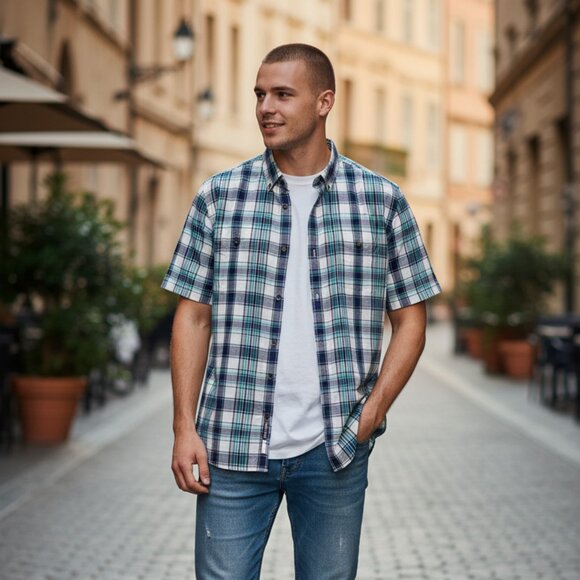Express Blue And White Check Short Sleeve Button Down Men Shirt - Picture 1 of 3